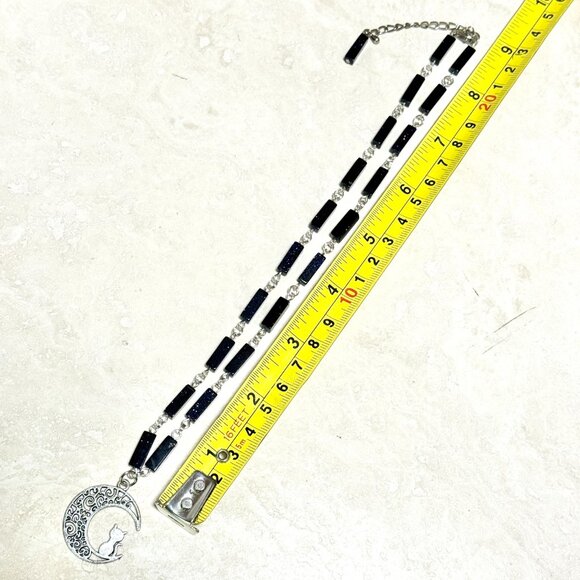 Dark Blue Goldstone Short Necklace w/ Silver Cat on the Moon Pendant - Picture 12 of 14